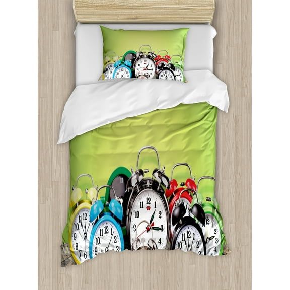 Clock Duvet Cover Set, Group of Alarm Clocks on the Wooden Ground Digital Print Nostalgic Design Print, Decorative 2 Piece Bedding Set with 1 Pillow Shams, Twin Size, Lime Green, by Ambesonne