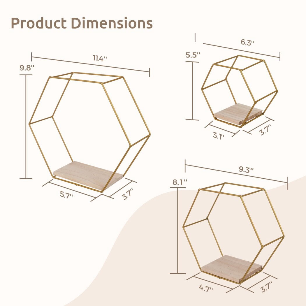 3Pcs Hexagon Floating Shelves with LED Light Strip, Modern Wall Mounted Metal Storage Shelves with Wooden Base, Wall Decor for Home Living Room Bedroom Bathroom