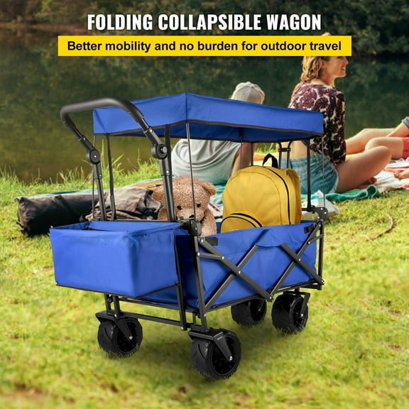 Blue Folding Utility Wagon Cart – Extra Large Collapsible Design with Canopy, Perfect for Gardening, Beach Trips, Farmers Market