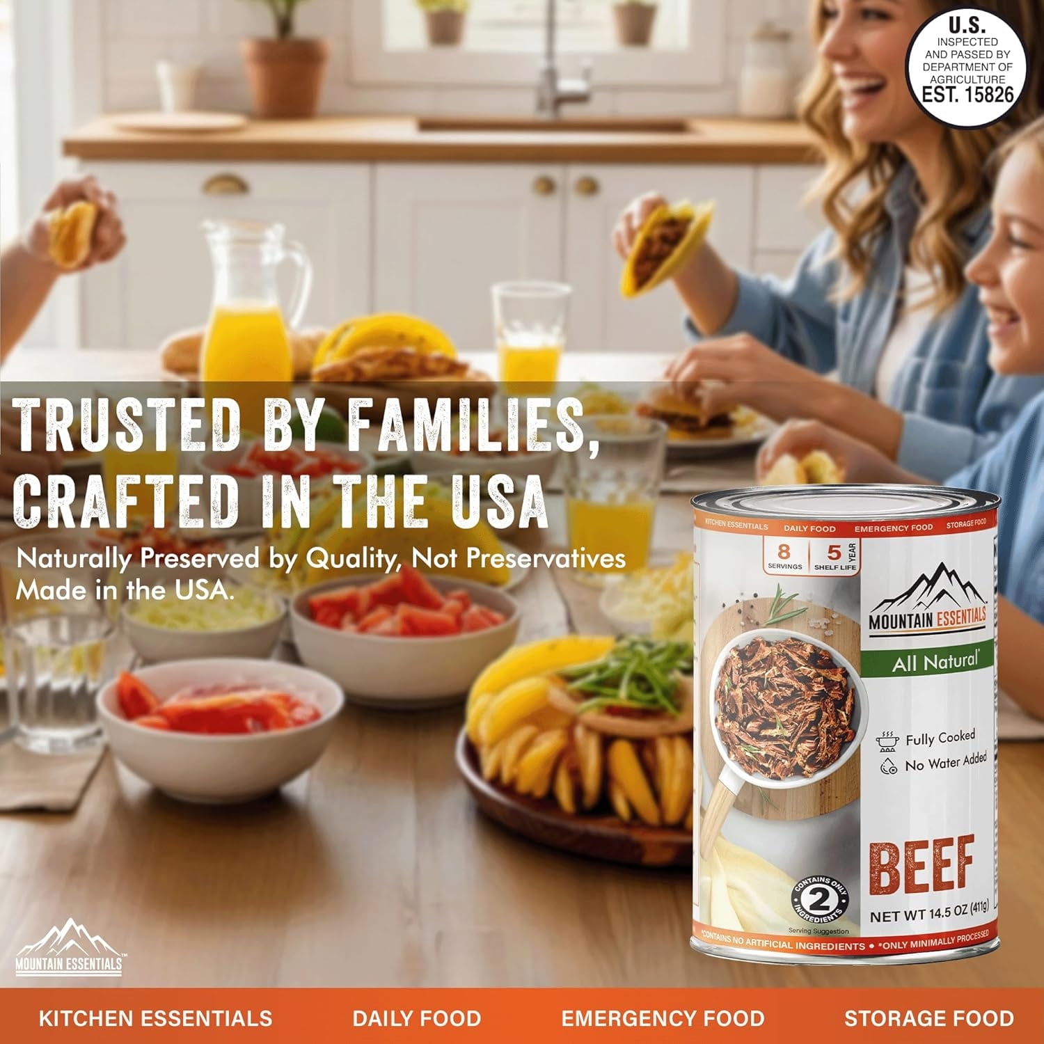 Mountain Essentials Canned Beef, Fully Cooked Ready-to-Eat, 14 oz (Pack of 6), Long Shelf-Life Emergency Food