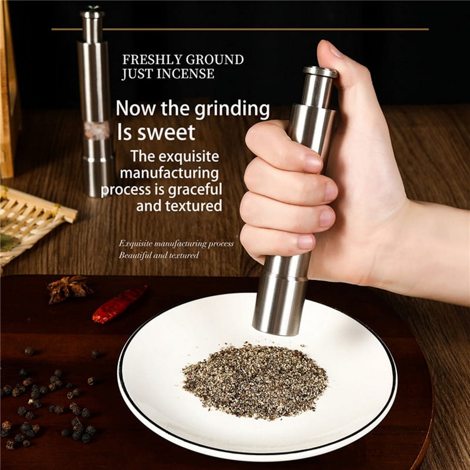 Manual Salt and Pepper Grinder Set Thumb Push Pepper Mill Stainless Steel Spice Sauce Grinders with Metal Holder