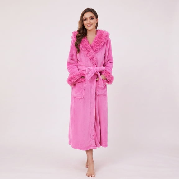 Heartnice Womens Hooded Plush Long Robe, Soft Warm Fleece Bathrobe for Women Fluffy Cute Spa Robe( Rose, S/M)