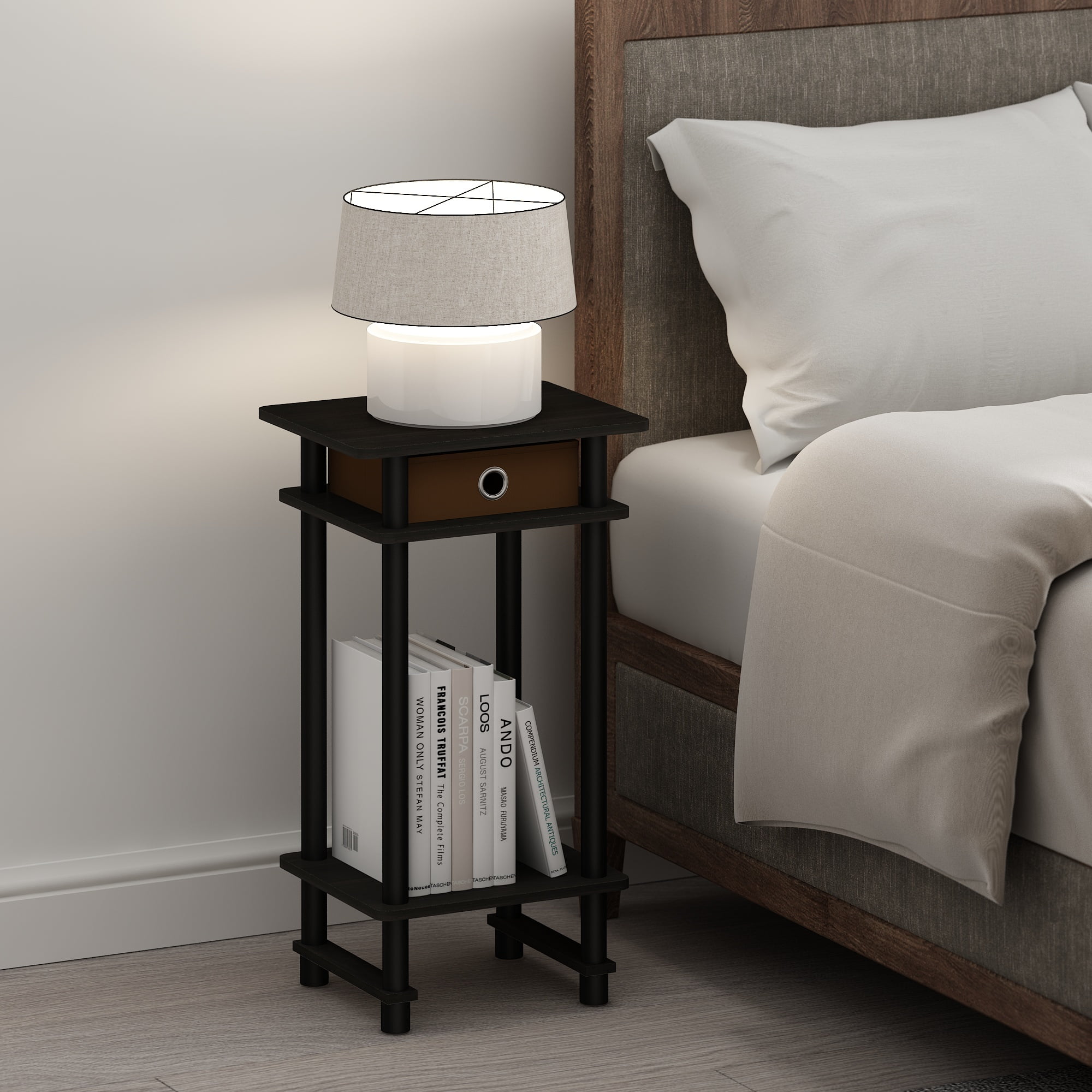 Furinno Turn-N-Tube Tall Nightstand with Bin, Espresso/Brown