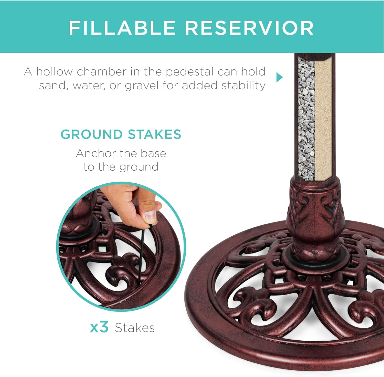 NIUMU  28in Pedestal Bird Bath, Vintage Outdoor Resin Accent Decoration w/Fleur-de-Lis Accents - Cherry Red