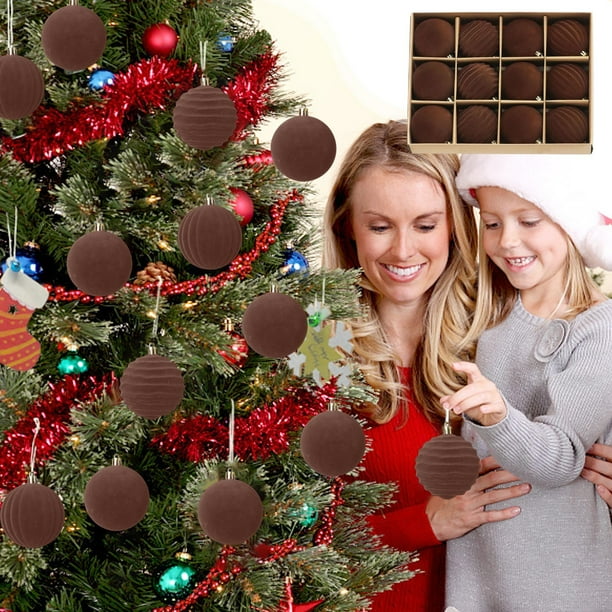 Juego de adornos de bolas de Navidad Paquete de 12 | Café Rojo Verde Flocado 2.36in | Decoraciones de árbol de Navidad irrompibles | Estilos ligeros, fáciles de colgar, variados para decoración de