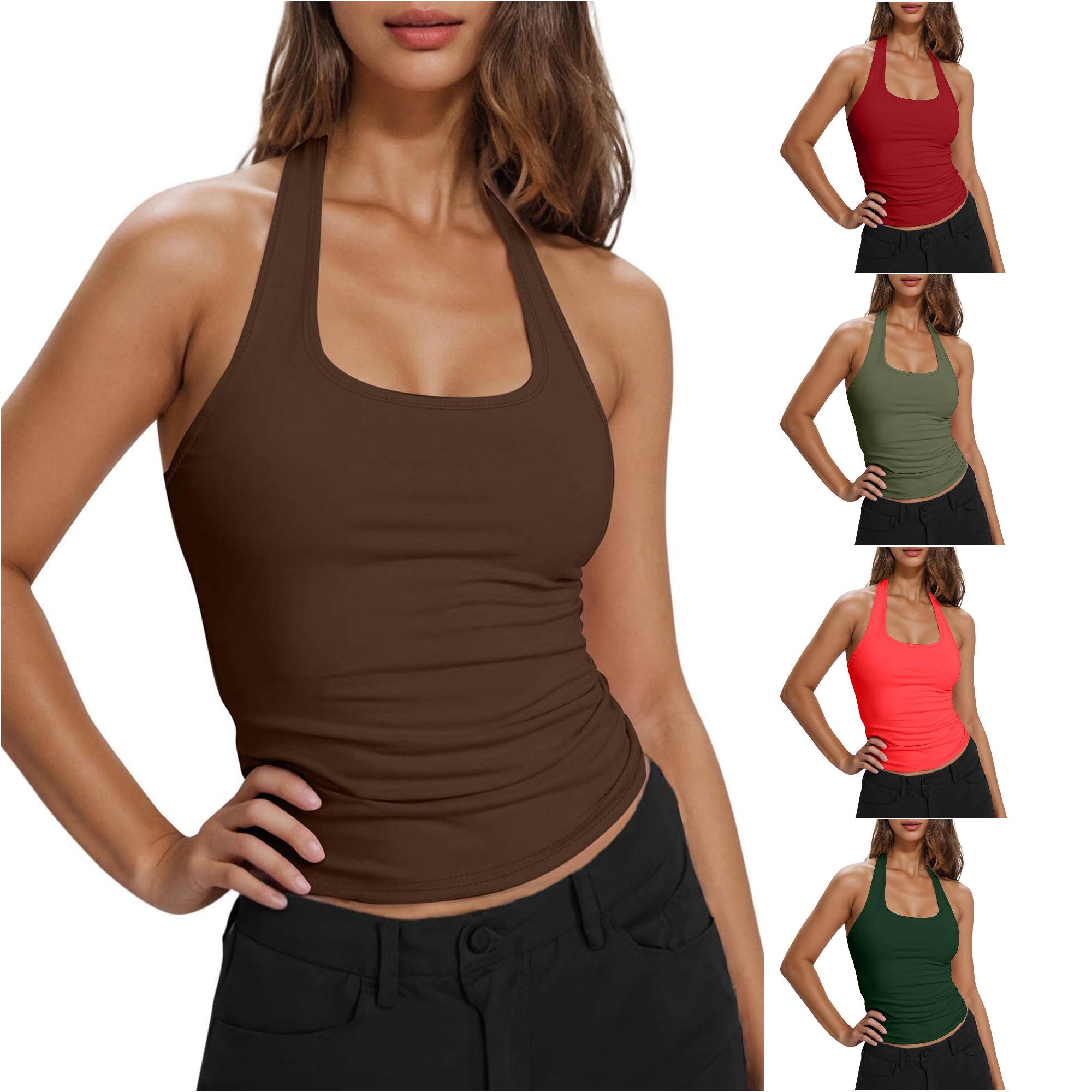 oqasdz Womens Tank Tops Sleeveless Square Neck Quick Drying Slim Fit Cropped Top Solid Color Stretchy Breathable Undershirts Casual Summer Brown M