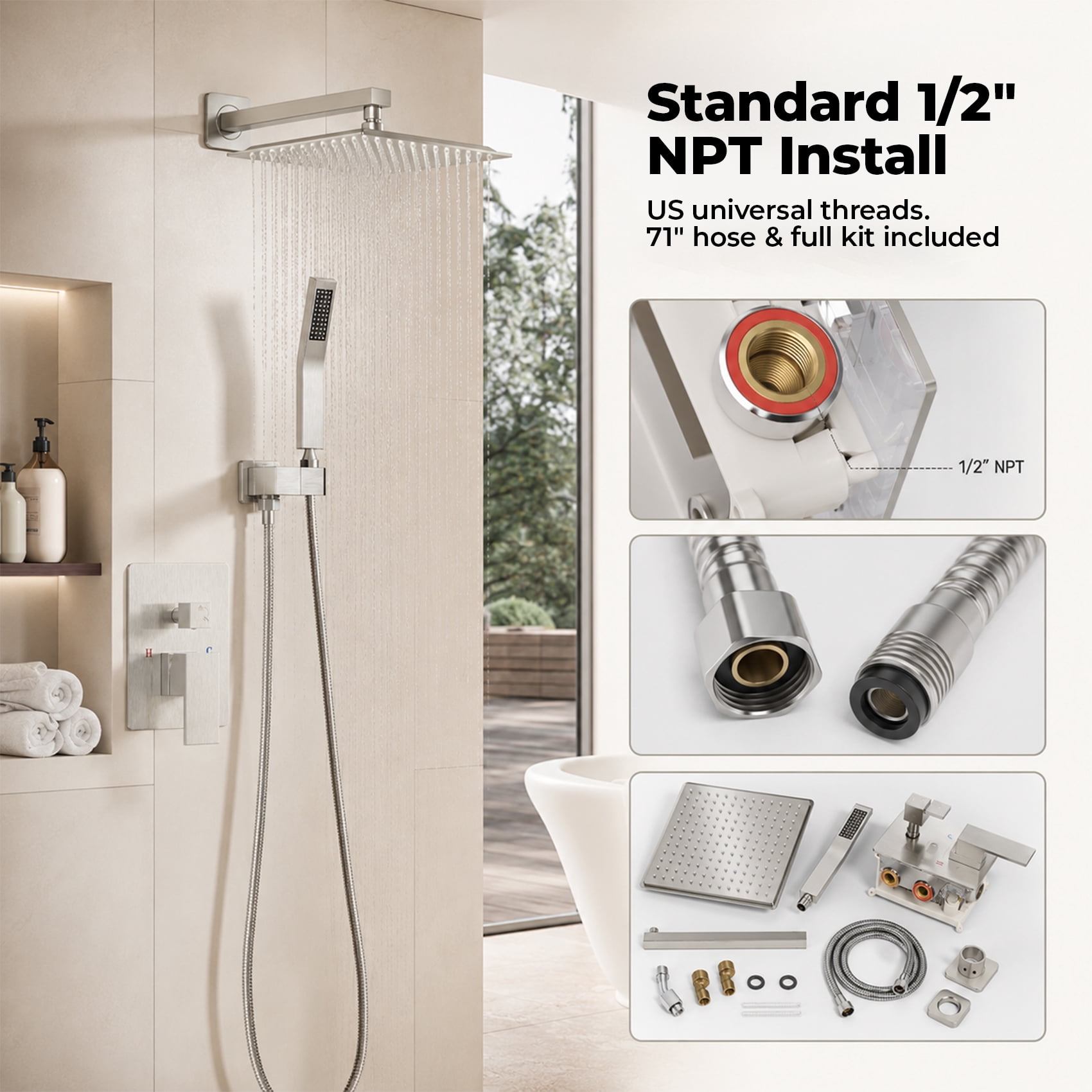 Alvantor Wall-Mounted Shower Faucet Set, 10/12 Inch Square Overhead Spray and Handheld Shower Head with Pressure Balance and Temperature Control Valve