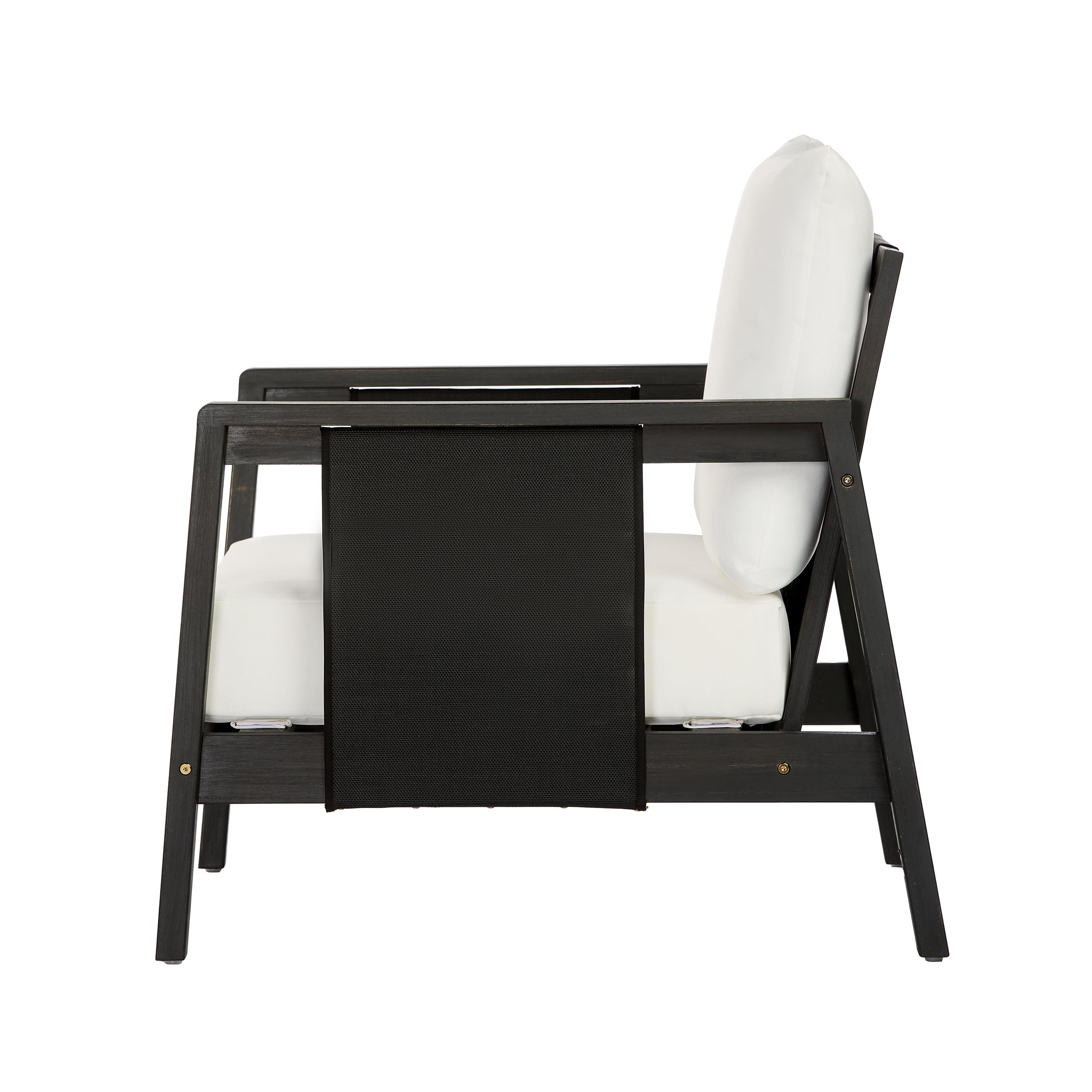Club Chair, Outdoor Acacia Wood Frame Chair with Black Textilene Accents Water-Repellent White Cushions, Dark Grey