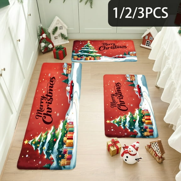 3PCS Kitchen Mat set, Welcome Door Flannel Rug,Home Decor for Front Door,Kitchen, Bathroom, Christmas Tree Gifts Snowman Decor ,Great gift for Family and Friends.