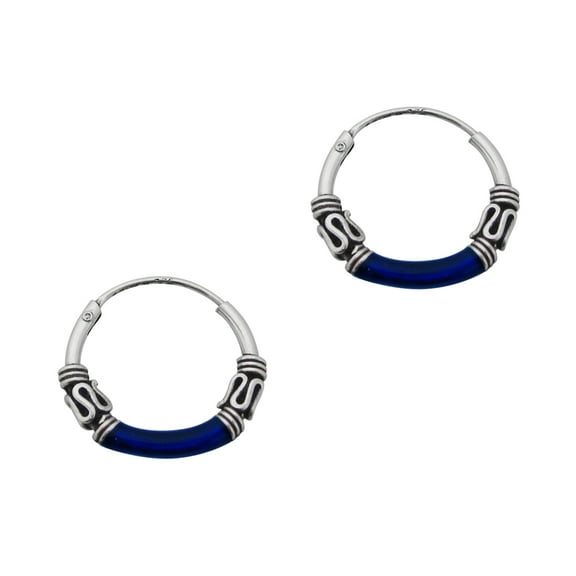 Sterling Silver Bali Design Color Coated 14mm Hoop Earrings, Navy