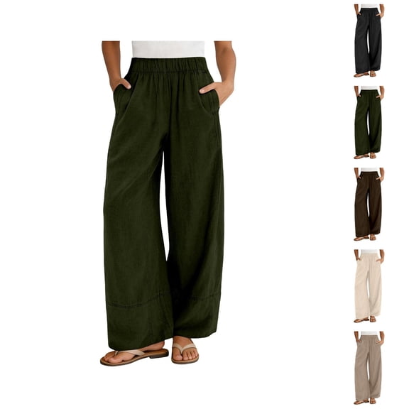 Palazzo Pants for Women Elastic High Waist Wide Leg Loose Fit Flowy Cotton Linen Pants with Pockets Lounge Trousers
