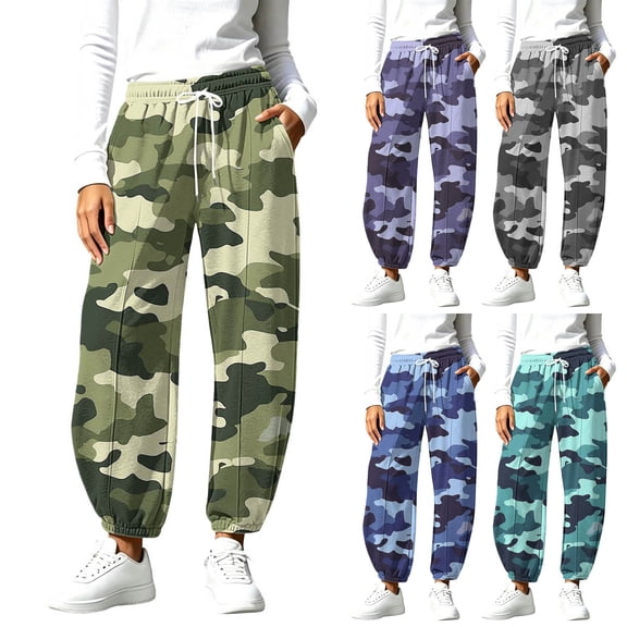 LEAVINGSUO Camouflage printed Sweatpants for Women Casual Wide Leg Cropped Barrel Pant With Pockets Blue S