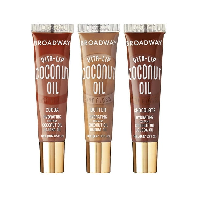 Ruby Kisses Broadway Brillo de labios Vita-Lip Tinted Lip Gloss Set Fórmula no pegajosa Hidratante de larga duración Calmante Brillo de labios súper brillante con aceite de coco, paquete de 3 (chocola