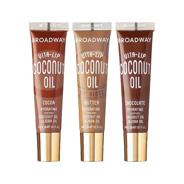 Ruby Kisses Broadway Brillo de labios Vita-Lip Tinted Lip Gloss Set Fórmula no pegajosa Hidratante de larga duración Calmante Brillo de labios súper brillante con aceite de coco, paquete de 3 (chocola
