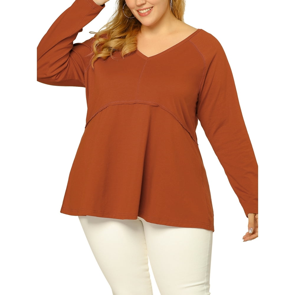 Unique Bargains - Women's Plus Size V Neck Long Sleeves Swing Blouse ...