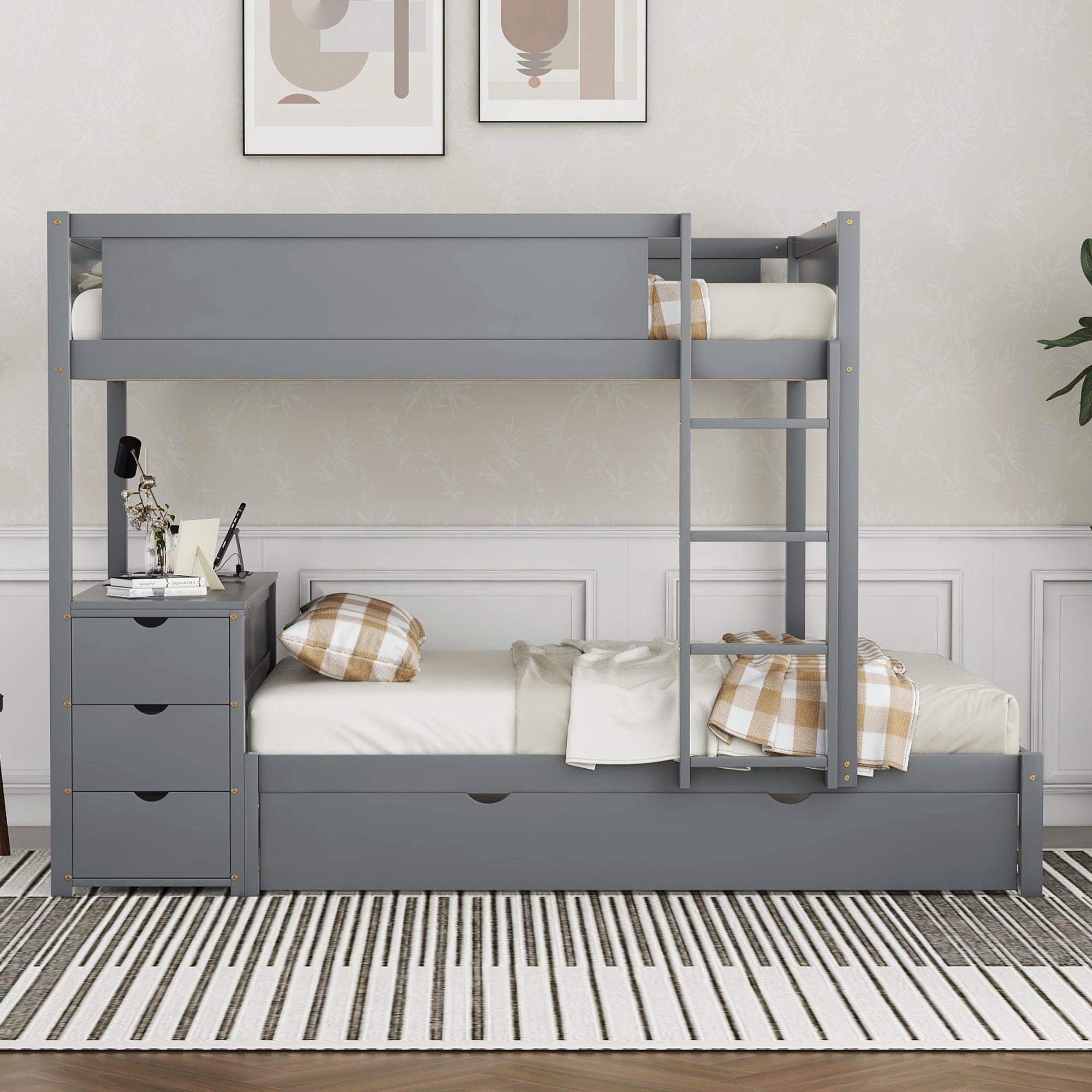 Aukfa Full Over Full Bunk Bed with Trundle and USB Charging Station, Wood Bed Frame with Build-in Desk&Storage Drawers for Kids Bedroom, Gray