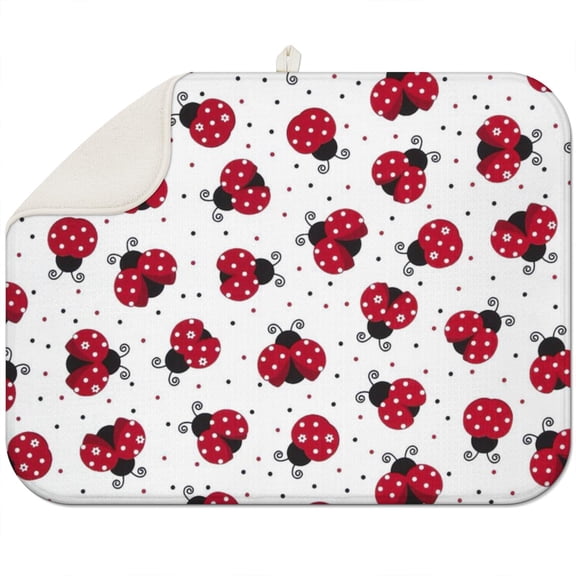 Red Polka Dot Kitchen Drying Mat - Super Absorbent Microfiber Dish Rack Mat, Multipurpose Heat-Resistant Sink Pad with Compact Foldable Design (Garden Ladybug)