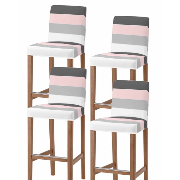 Pink Grey Striped Bar Stool Covers Set of 4, Farmhouse Modern Stretch Washable Bar Chair Covers with Backs, Removable Pub Counter Height Chair Cover for Kitchen Dining Room Cafe