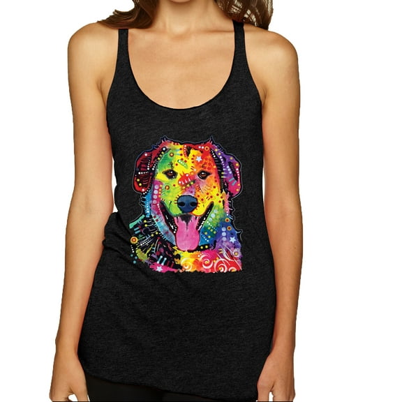 Smiling Dog | Colorful Neon Golden Retreiver | Dean Russo Art Animal Lover Tri-Blend Racerback Tank Top, Vintage Black, Small