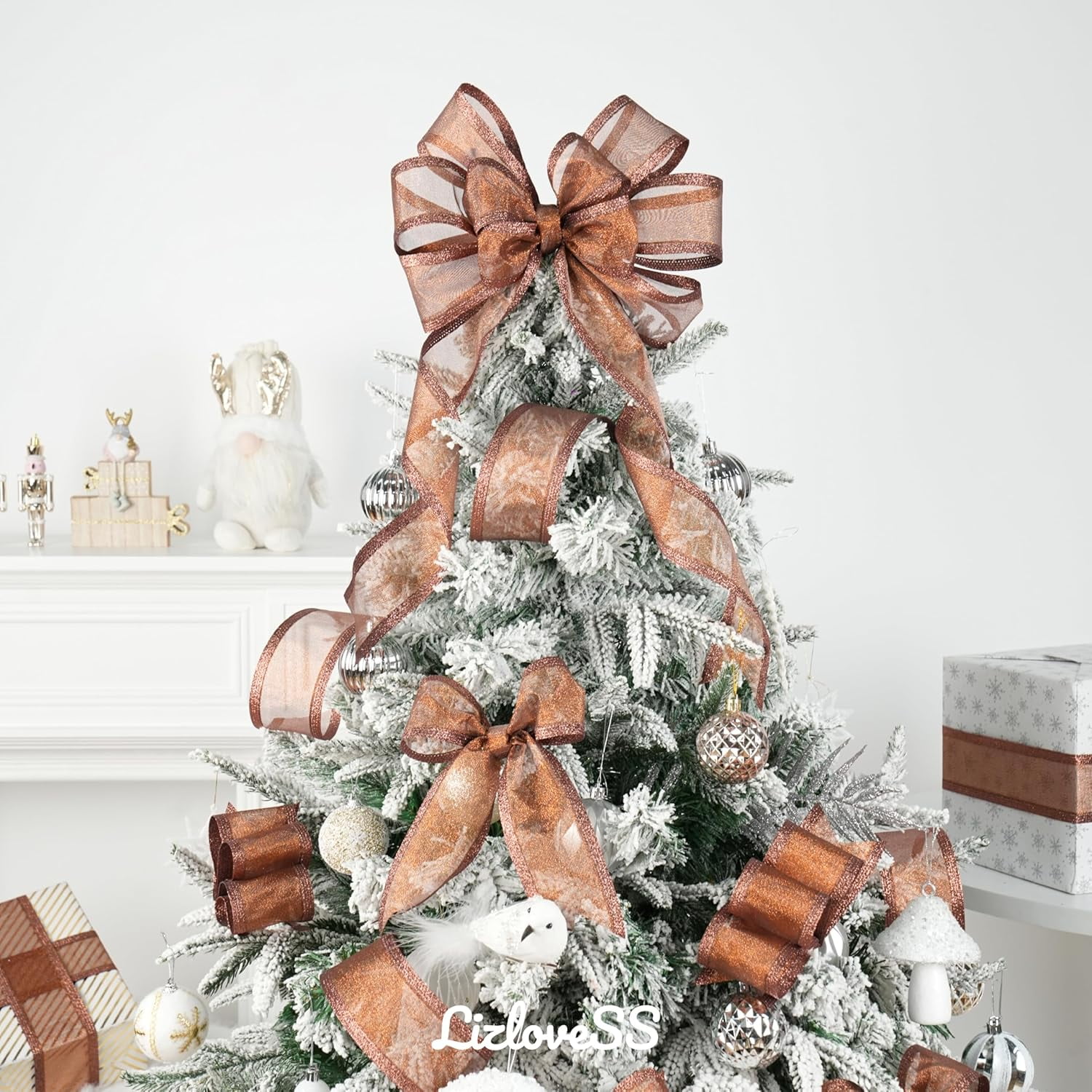 Copper Christmas Ribbon Wired 2.5 Inch Metallic Copper Wired Ribbon with Glitter Stripe, Ribbon for Christmas Tree, Wreaths Supplies, Swag, Garland, Holiday Decor - 10 Yards