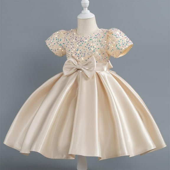 Pejock Girls Summer Dress, Short-Sleeve Ruffled Lace, Mesh Embroidery, Princess Bow | Round-Neck, Comfortable Polyester Spandex, Ideal for Parties, Travel, Daily Wear, Ages 2-10 Years