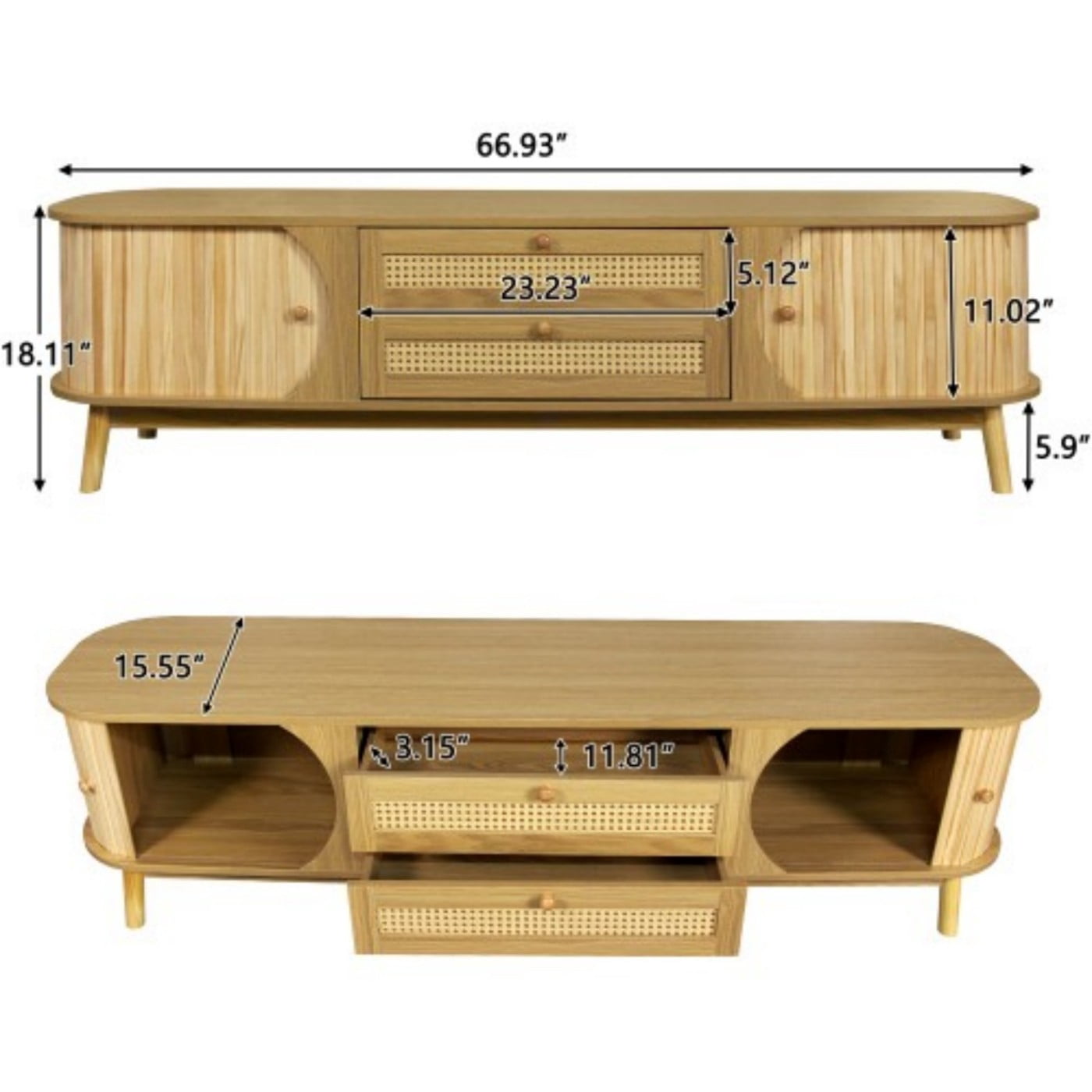 Rattan TV Stand for 75 Inch TV, Modern Farmhouse Media Console with Sliding Doors, Solid Wood Legs, Cable Management, Living Room, Natural