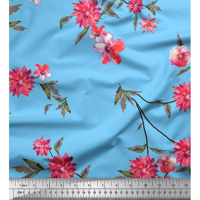 Soimoi Moss Tissu Georgette Feuilles & Fleurs Roses Imprimé Tissu au Mètre 42 Pouces de Large