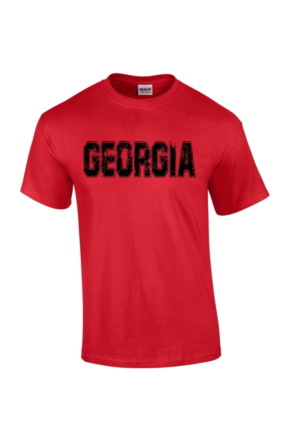 Georgia Tshirt Football Team Color Red and Black Distressed Georgia State Name Bulldogs Mens Short Sleeve T-shirt Graphic Tee-Red-medium