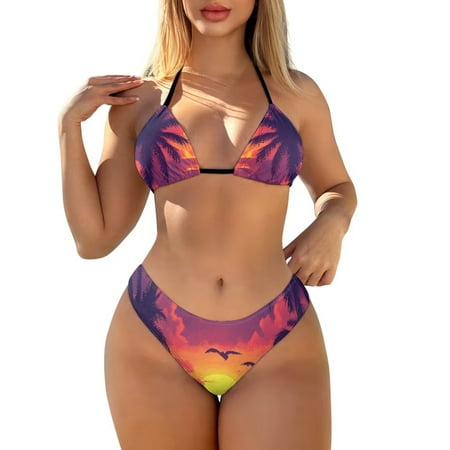 COEQINE High Leg Bathing Suit Top for Women Allover Print Triangle Cheeky Bottoms Bikini Set 2 Piece Halter String Removable Pad Swimsuit  Coconut Palm Tree Sun Wild Goose  M