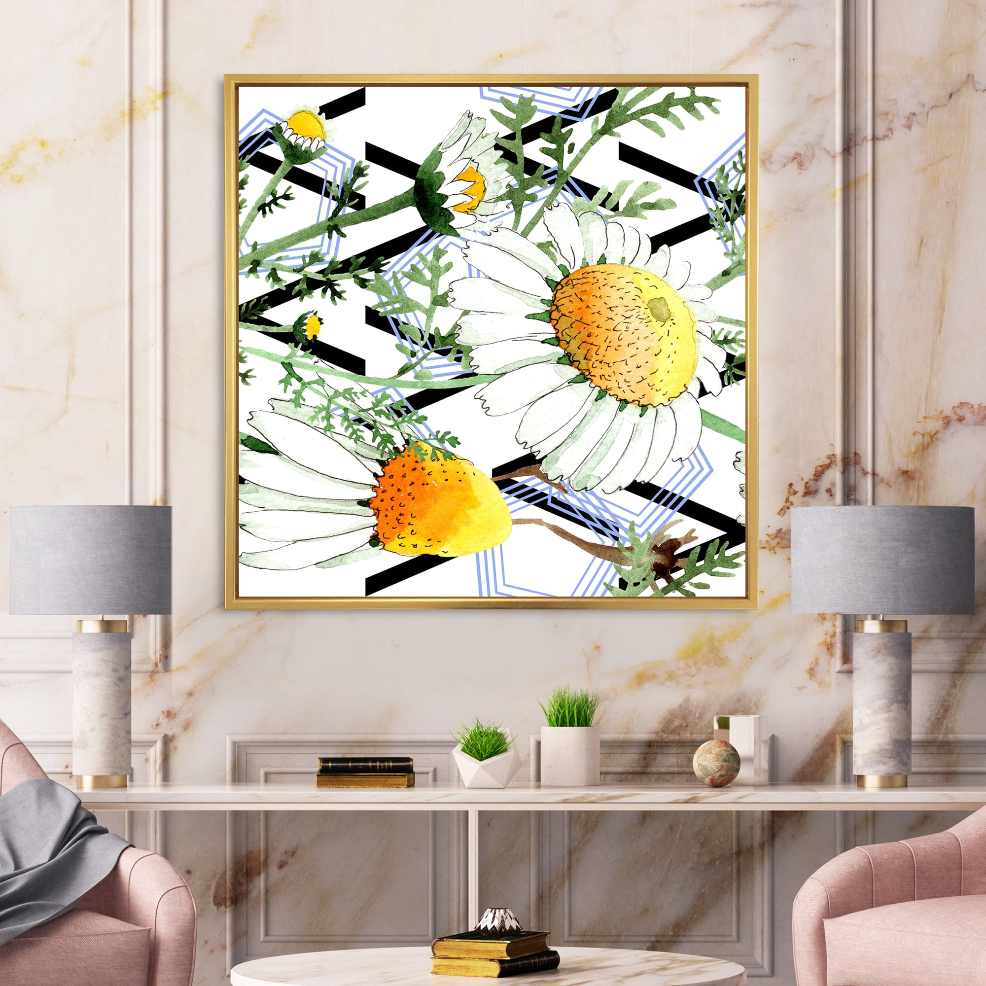 Designart 'Wild Spring Chamomile Flowers On Geometric Lines' Traditional Framed Canvas Wall Art Print