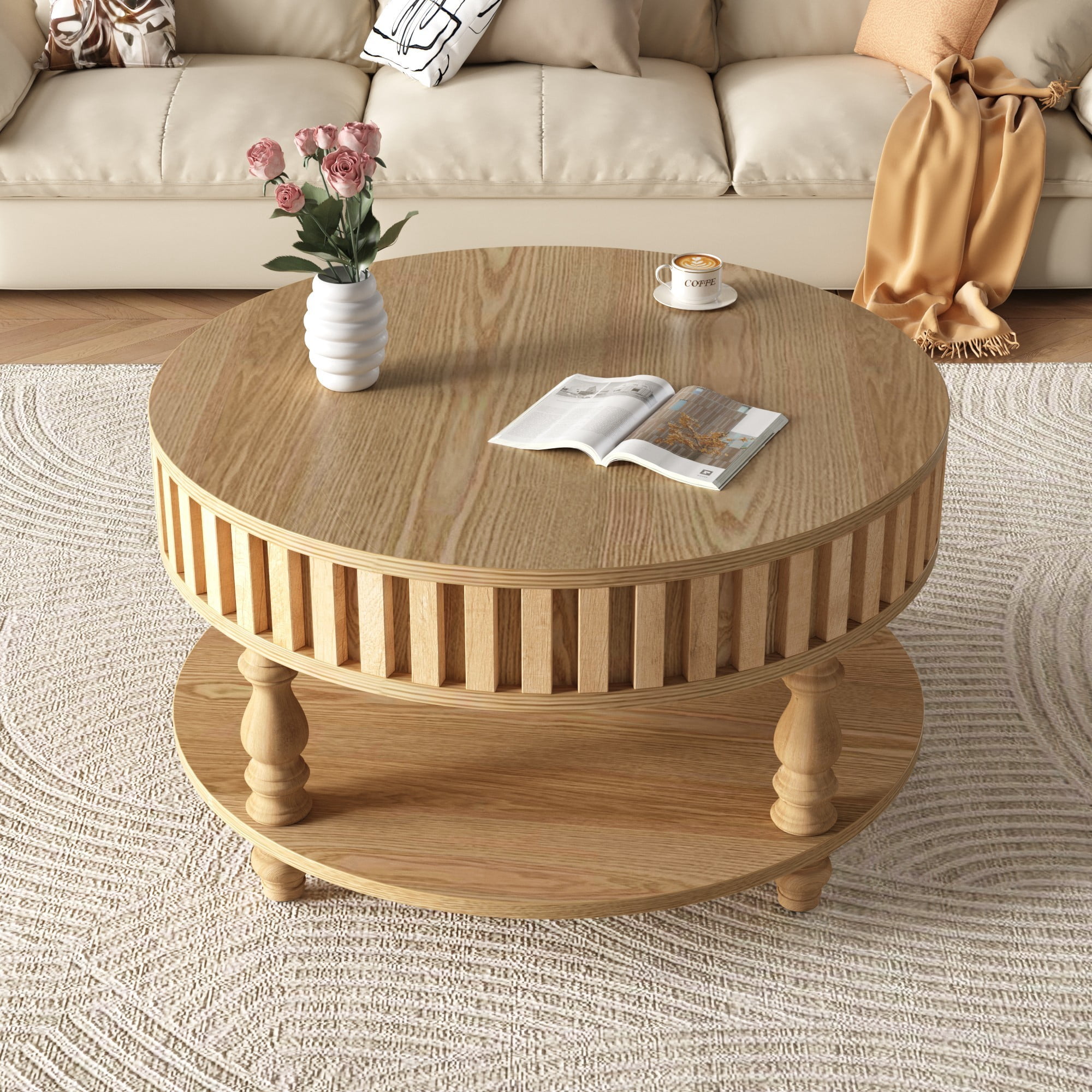 Fluted Coffee Table with Storage, 31.5" Round Coffee Table with Flip Top Lid and Shelf, Mid Century Modern Center Table for Living Room, Natural