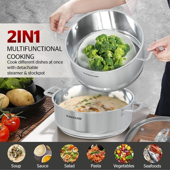 SUNHOUSE 2-Tier Stainless Steel Steamer Pot with Lid - 5.5 QT Steamer & 3.8 QT Stockpot Base