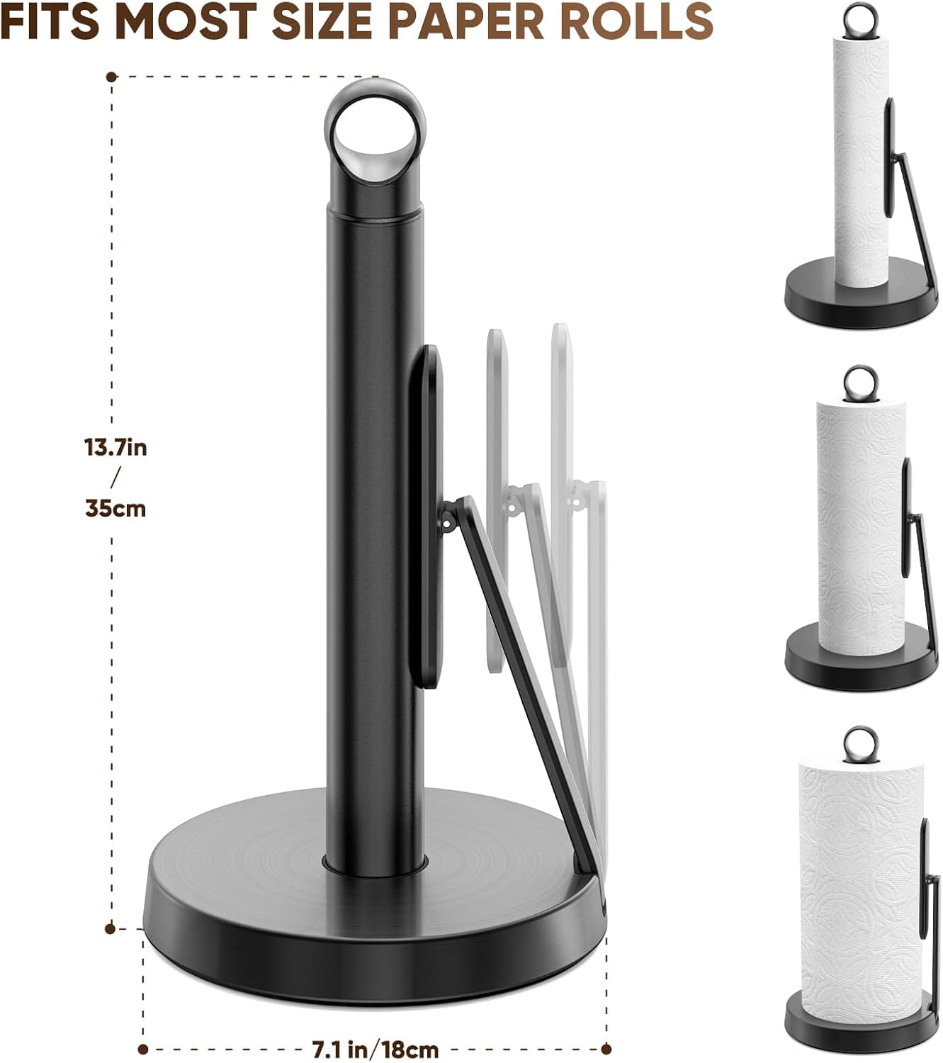Heavy-Duty Stainless Steel Paper Towel Holder with Tension Arm – Easy One-Handed Tear, Modern Standing Countertop Dispenser for Kitchen, Holds All Paper Towel Rolls (1, Black)