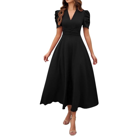 Aellinatey Women's pleated dress, business casual short-sleeved A-line elegant wedding guest party dress