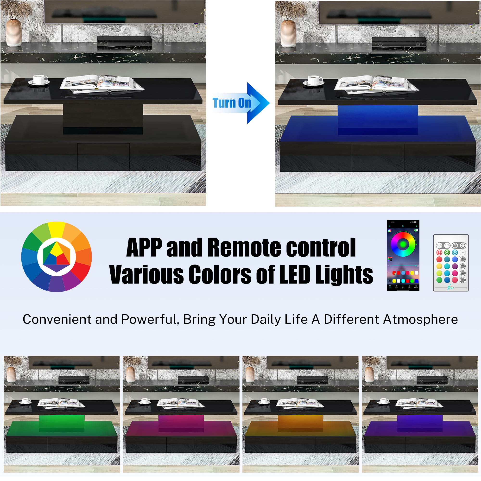 Black LED Coffee Table for Living Room, PAPROOS Modern High Glossy Center Table with 4 Drawers, Smart Cocktail Table Rectangle, Sofa Side Tea Tables with LED Lights, 41"L×25"W×16"H