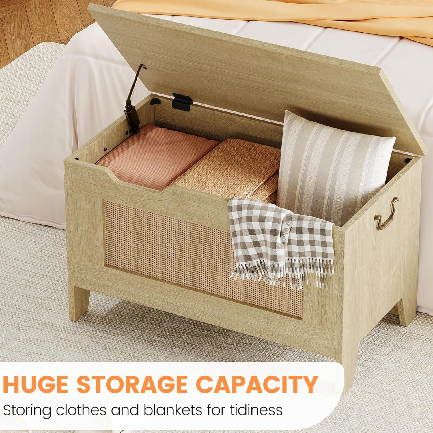 Towallmark Storage Chest, Rattan Toy Chest, 30" Wooden Storage Bench with Safety Hinge, Blanket Chest, Entryway Bench, Supports 350 lb, Storage Trunk for Living Room, Bedroom, Playroom, Natural Oak