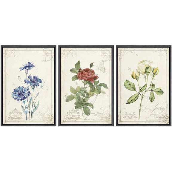 wall26 Framed Canvas Print Wall Art Set Victorian Style Blue, Red & White Flowers Nature Floral Illustrations Realism Rustic Colorful Wilderness for Living Room, Bedroom, Office - 24"x36&quo