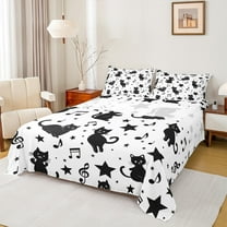 Manfei Kawaii Cartoon Cat Twin Sheet Sets for Kids, White Black Musical Note Twin Fitted Sheet, Cute Kitten Lover Flat Sheet, Microfiber Bedroom Decor, 3-Piece