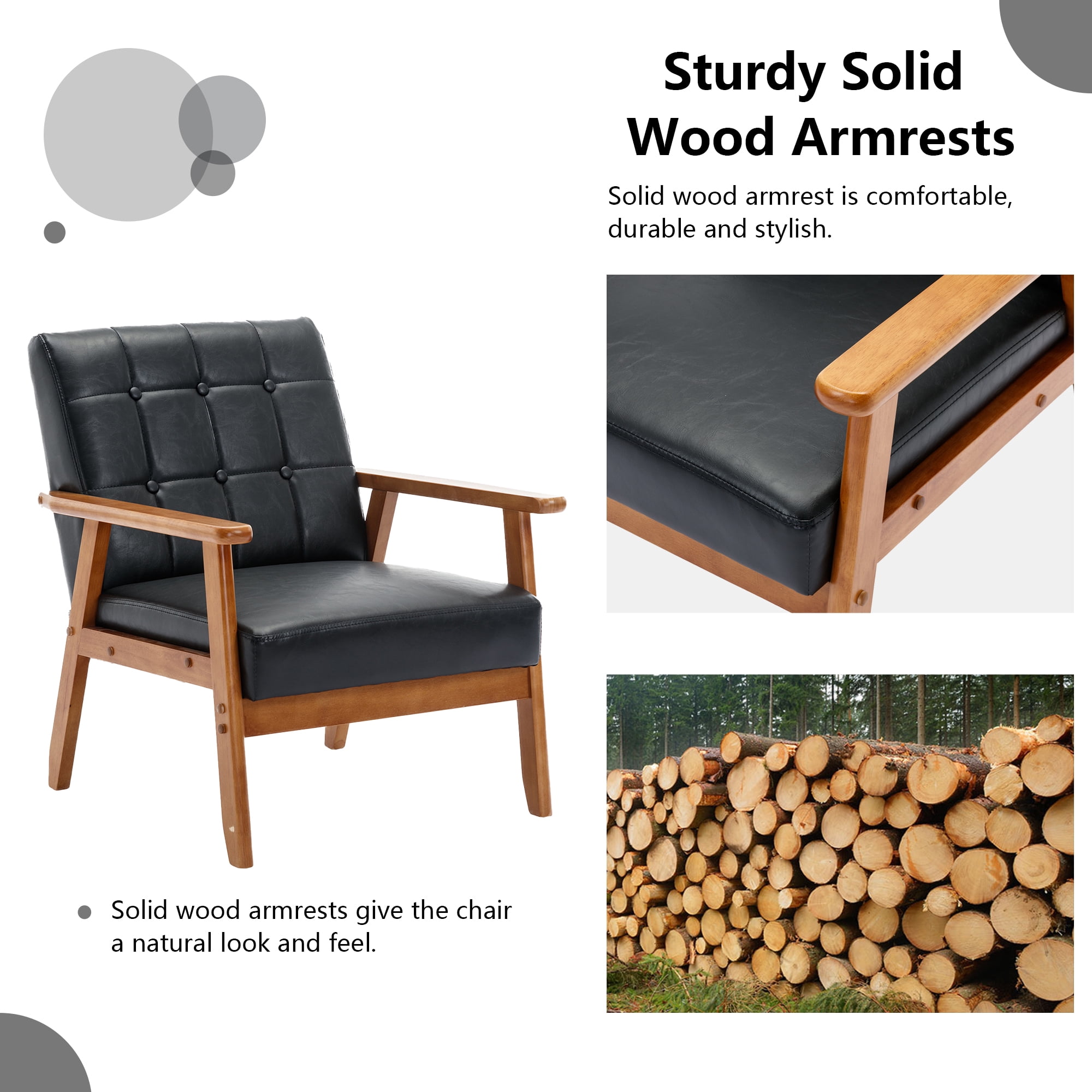 Miniyam Mid Century Modern Accent Chair with Wood Frame,PU Leather Single Reading Chair,Armchair for Living Room Bedroom Home Belcony Office,Black