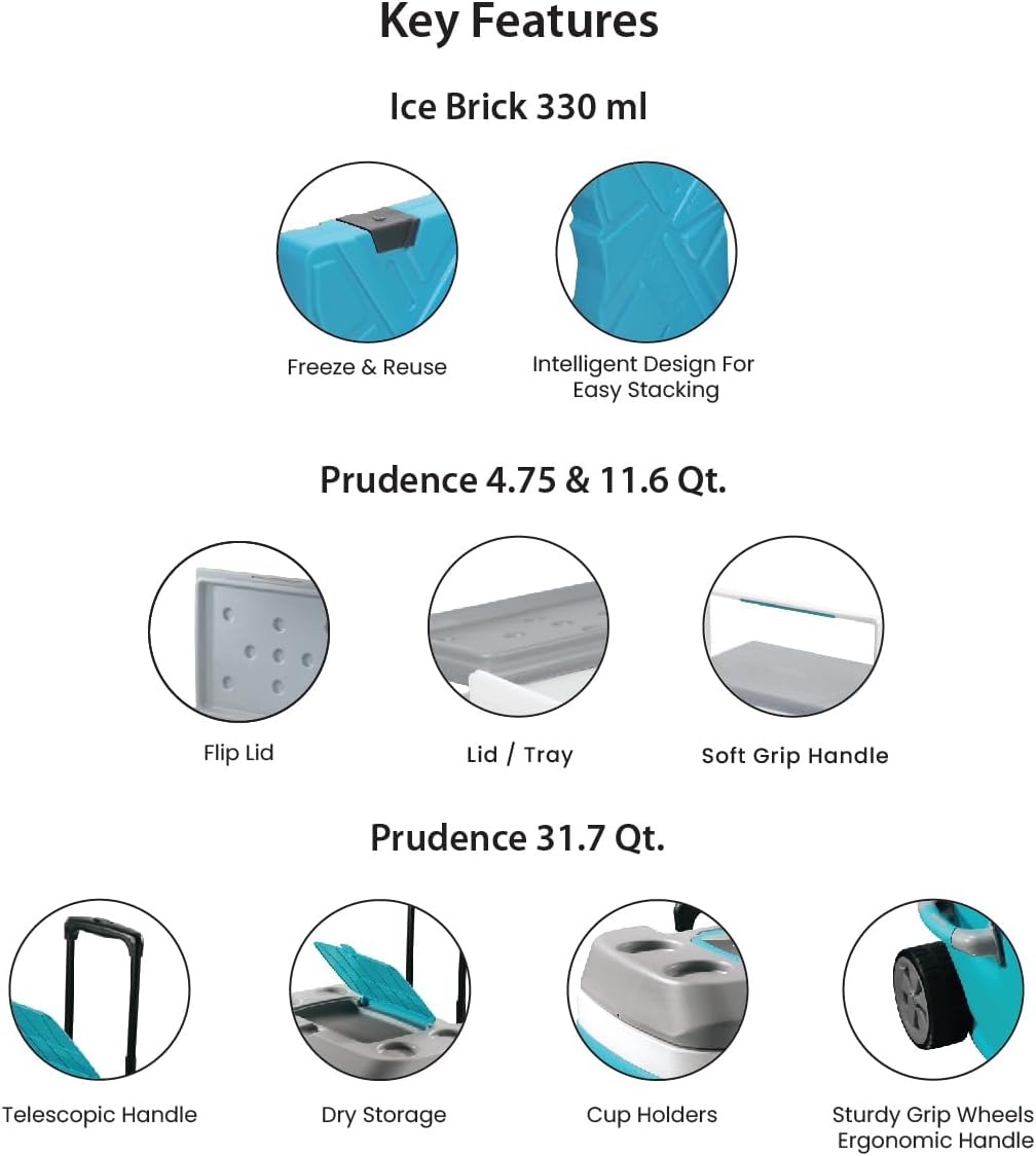 Pinnacle 30L Cooler with Wheels Set, 3 Coolers with Ice Bricks, Cup Holder Lid, Blue