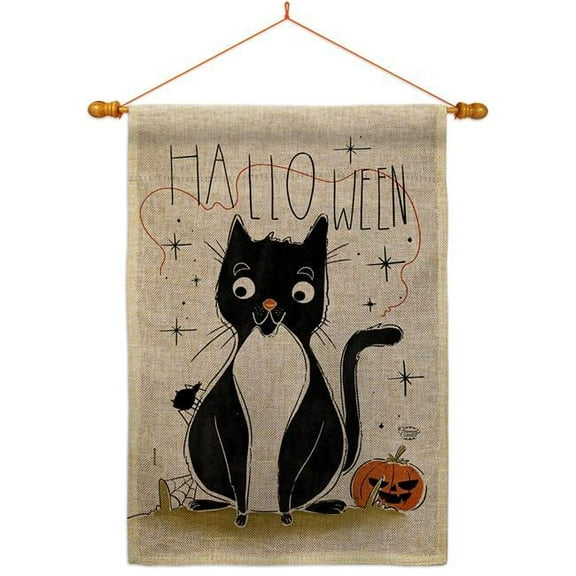 Ornament Collection HS190175-DB-03 Halloween Tuxedo Cat Falltime 28 x 40 in. Double-Sided Decorative Horizontal Flags for Decoration Banner Garden Yard Gift