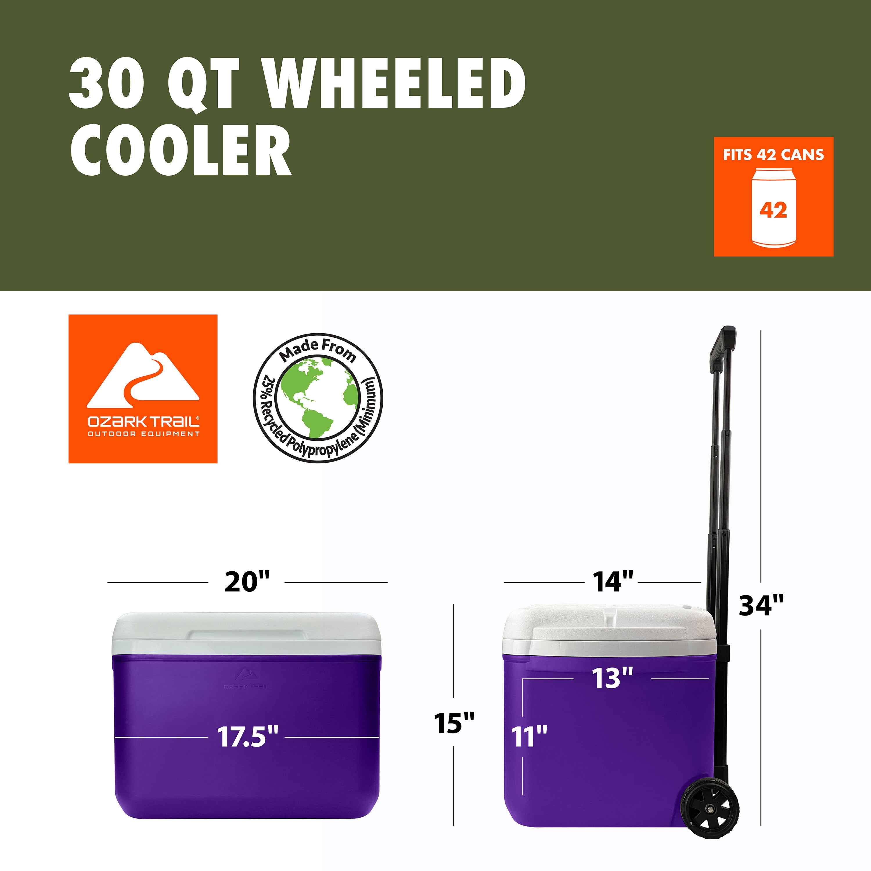 Ozark Trail 30 Quart Capacity Hard Side Wheeled Cooler, 42-Can, Purple