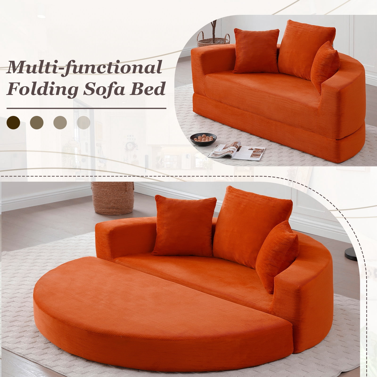 MOONMISS Convertible Sofa Couch Bed,Multi-Functional,Circular Bed,Adjustable Futon Sofa For Apartment Office Bedroom Living Room,Orange