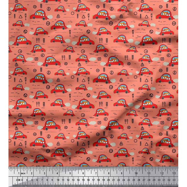 Soimoi Georgette Viscose Fabric Car & Owl Cartoon Printed Fabric 1 Yard 42 Inch Wide