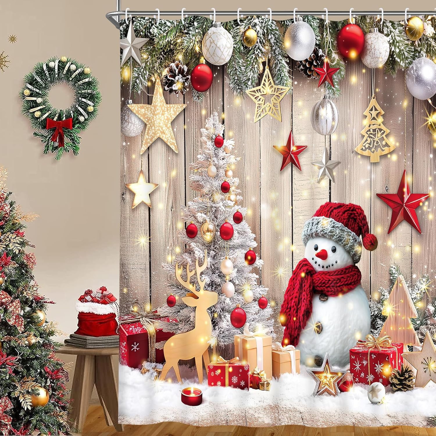 FRAMICS Christmas Snowman Shower Curtain Sets with Rugs, 16 Pc Xmas Tree Wood Barn Door Bathroom Sets, Rustic Winter Waterproof Fabric Bathroom Decor with Hooks