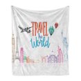 thumbnail image 1 of Saying Soft Flannel Fleece Throw Blanket, Travel the World Lettering Around Globe Landmarks Balloons Work of Art Image, Cozy Plush for Indoor and Outdoor Use, 50" x 60", Multicolor, by Ambesonne, 1 of 6