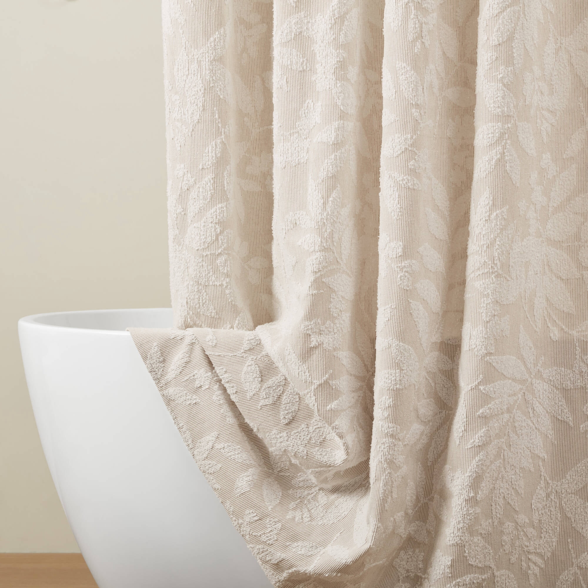Cotton Blend Botanical Jacquard Shower Curtain, 72 x 72 in, Tufted Leaf Motifs, Machine Washable
