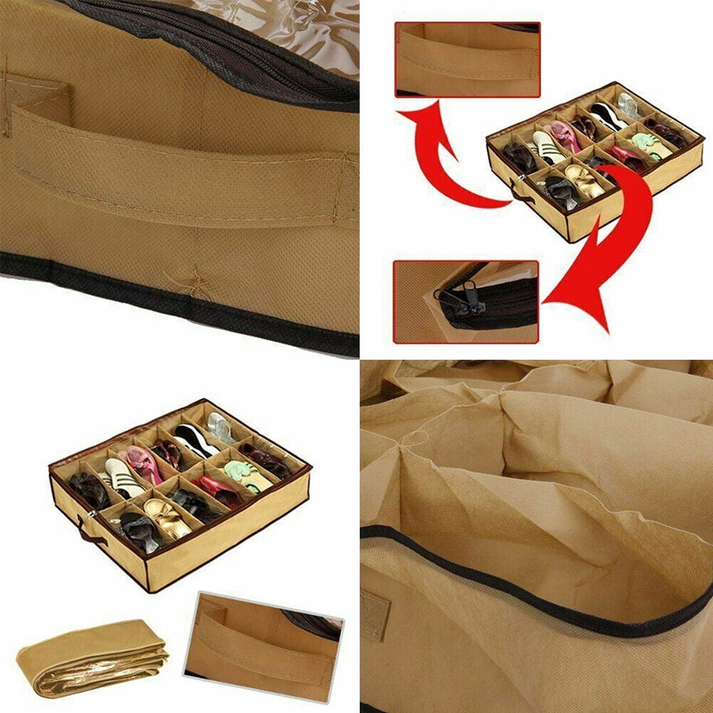12 Pairs Shoes Storage Organizer – Under Bed Closet Container – Gray Non-Woven Fabric Box Bag