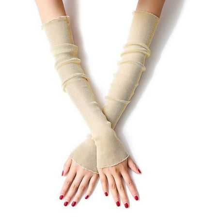 

OOKWE Women Girls Ultra-Thin Sheer Glitter Mesh Long Lace Gloves Metallic Shimmer Solid Color UV Protection Arm Sleeves Ruffles Trim Driving Protectors