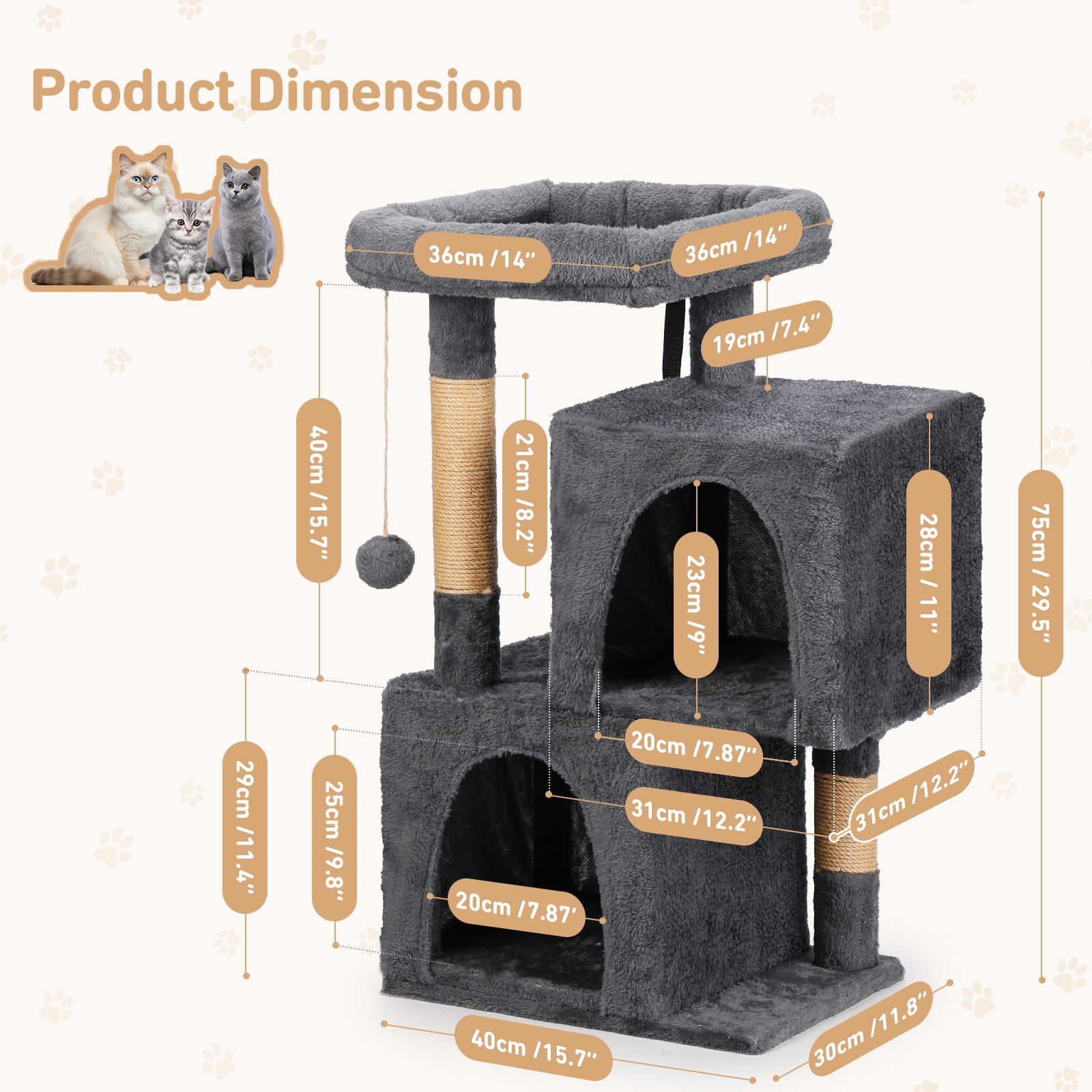 ZephyPaws 32" Cat Tree Tower for Kittens,Multi-Level Cat Scratching Posts with Condos,Padded Perch,Hanging Toys,Dark Grey